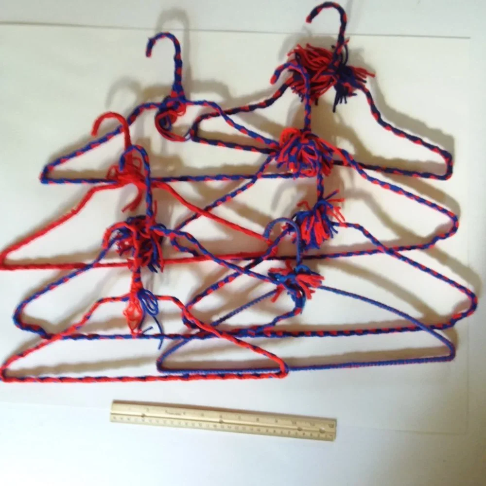Crocheted Hangers 8 VTG 70s Pom Poms Handmade Metal Boho Retro Granny Knit